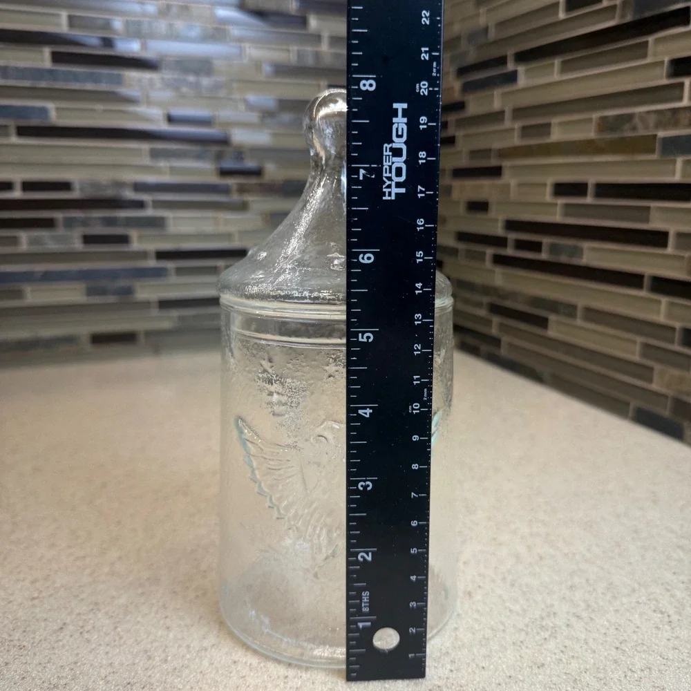 Vintage Clear Glass Apothecary Jar Embossed Eagle Star Lid Textured Patriotic
